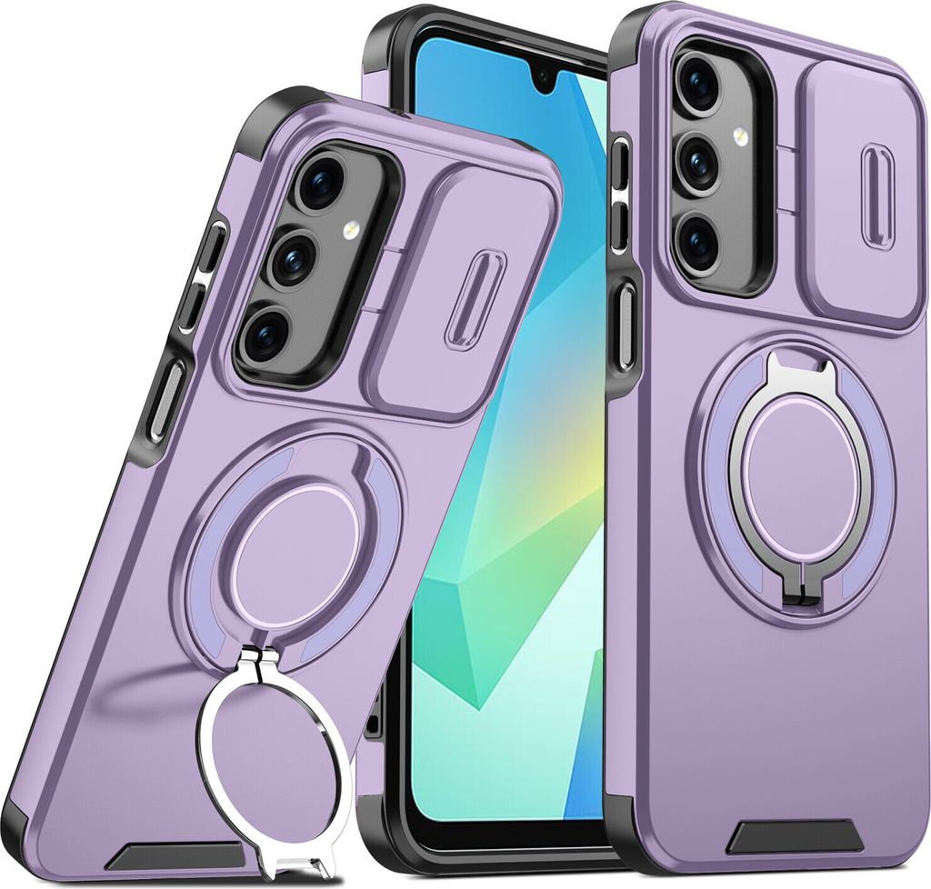 Handyhülle für Samsung Galaxy A16 5G/4G Dual-Layer Stoßfest Militär Hülle mit Dia Kameraschutz und Magnetisch Ring Ständer Lila