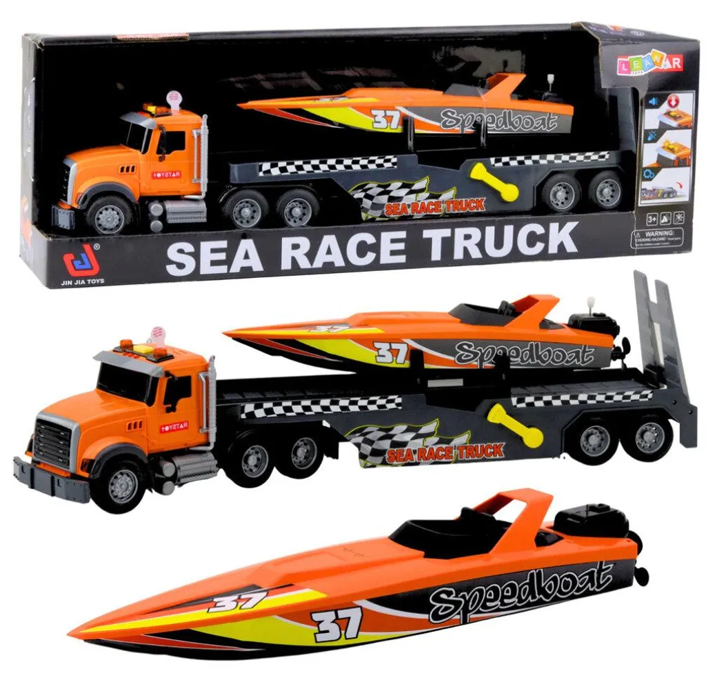 Pack camion et bateau pour le bain : jouet orange à remonter sons