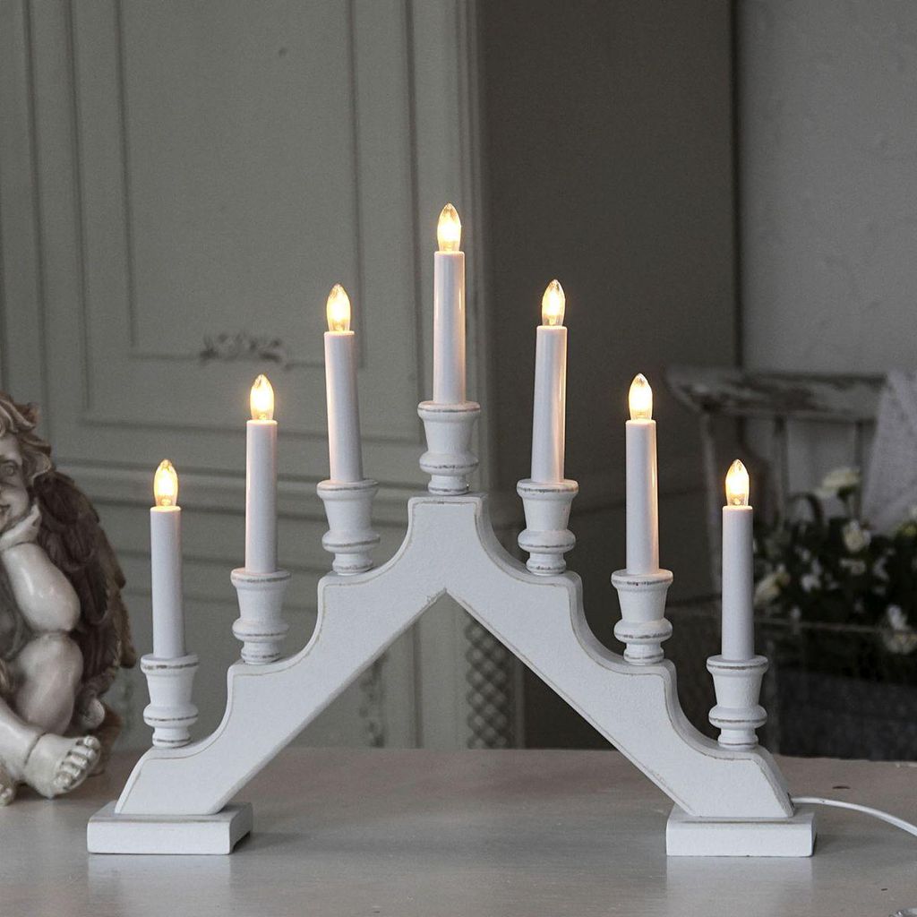 Weißer Kerzenständer aus Holz mit LED-Beleuchtung - 38 cm Produktbild 