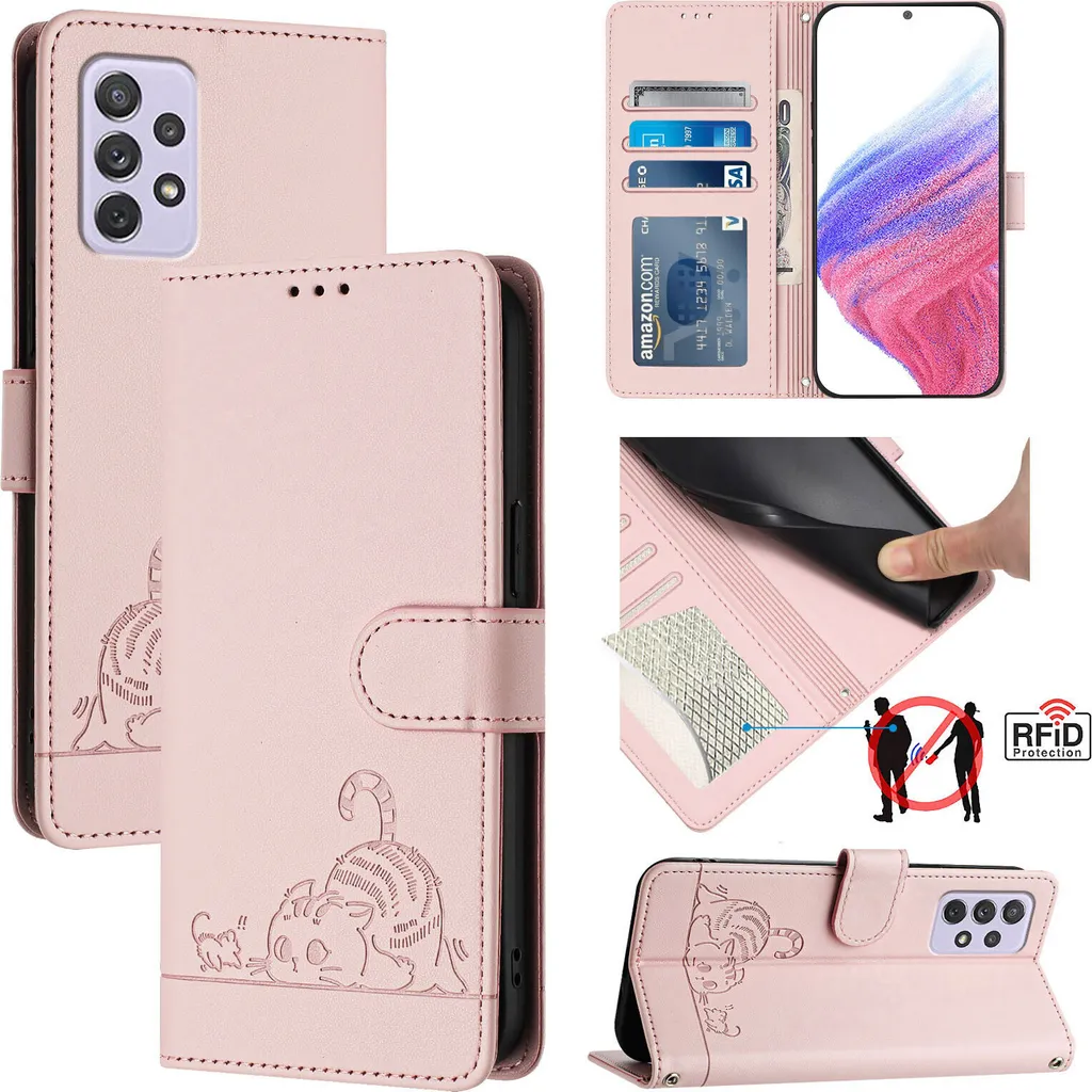 Cover Gatto Rosa Samsung A72 - Custodia Flip Pelle Glamour e Stand