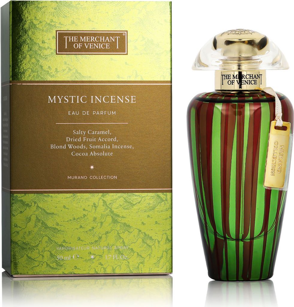 A perfume bottle and its packaging are displayed side-by-side against a white background.