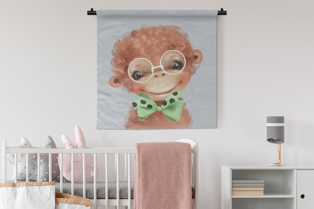 MuchoWow Wandteppich Wandbehang Affe - Kinder - Schleife 90x90 cm Tapisserie Dekoration Wandtuch - Wandaufhänger