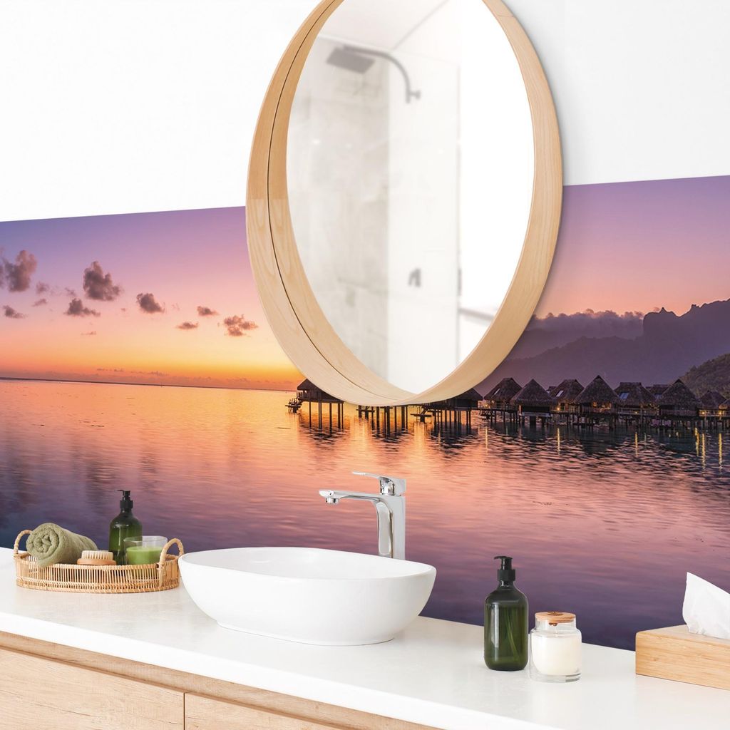 Wandverkleidung Bad Strand selbstklebend - 0.61 mm Wandpaneel matt wasserfest Sonnenuntergang orange Motiv Badrückwand fugenlos 140x40 cm