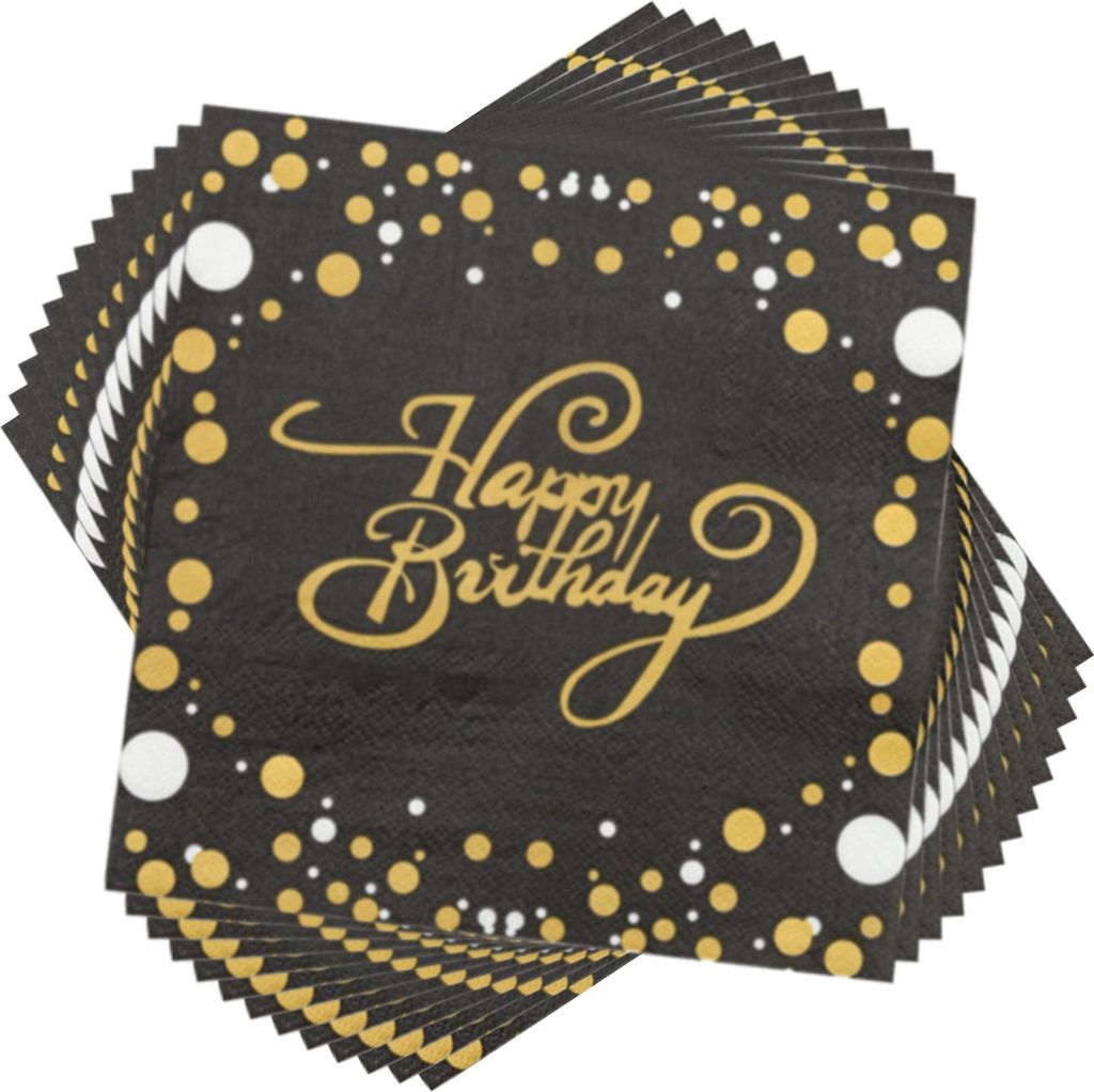 Schwarze und goldene Geburtstagsservietten, 40 Stück, 33 x 33 cm, elegante Papierservietten für Jungen- und Mädchengeburtstage