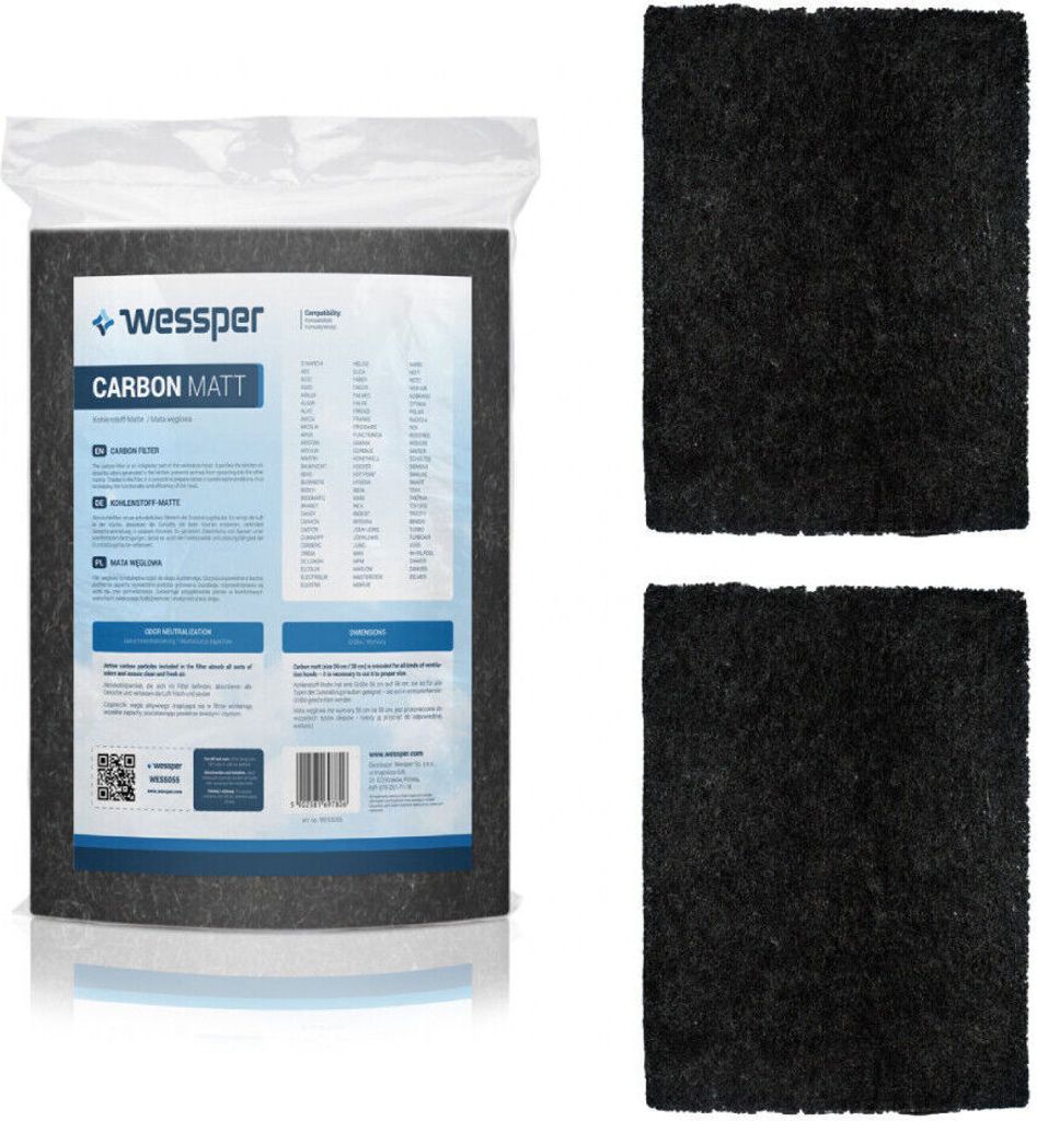 A package of carbon filter mats next to two individual filter mats.