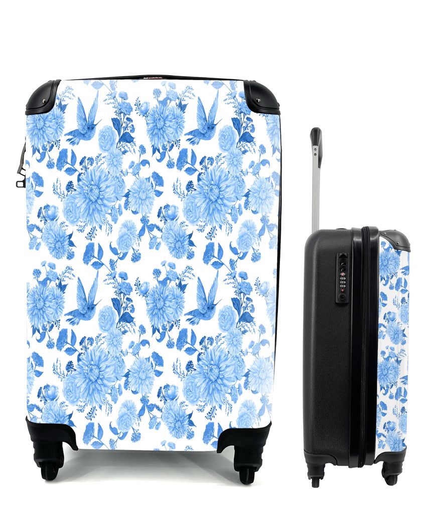 MuchoWow Koffer Handgepäck Trolley Rollkoffer Kleine Reisekoffer mit 4 Rollen - Blumen - Muster - Blau - Cabin Size < 55x40x23 cm & 55x40x20 cm ...