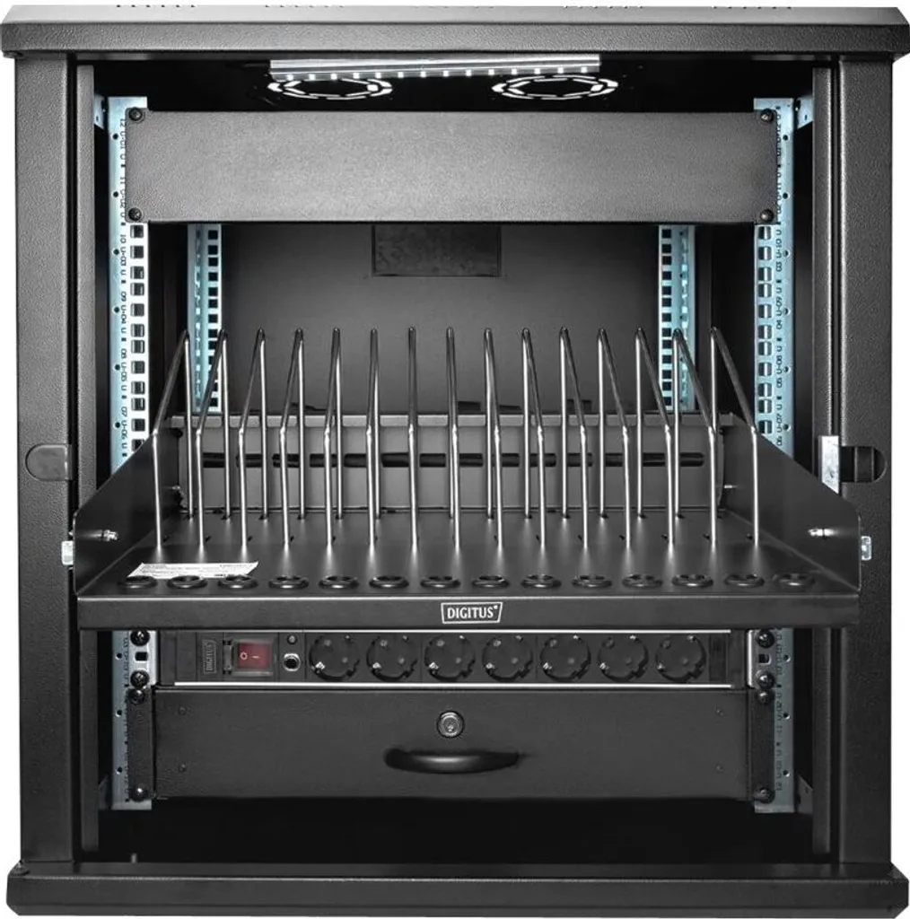 Plateau Rackable 19" avec Diviseurs pour 14 Smartphones et Tablettes Noires