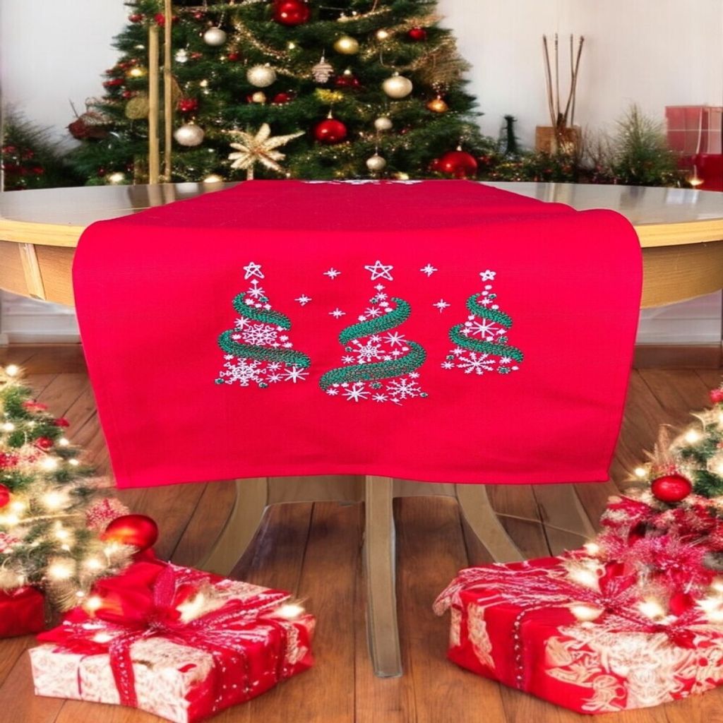 Weihnachtlicher Tischläufer Rot mit Tannenbaum-Stickerei 35x120, Weihnachtsdeko