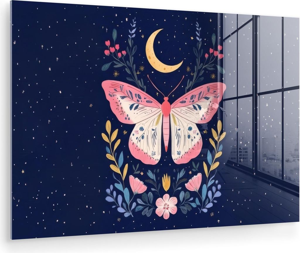 MuchoWow Glasbilder - Bilder auf Wandbild - Foto auf Glas Schmetterling - Mond - Blumen - Sternenhimmel 120x80 cm Wanddekoration aus Glas - Acrylgl...