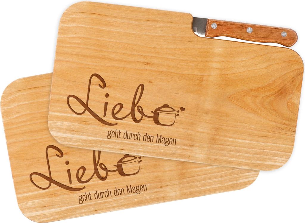 Frühstücksbrettchen 2er Set mit Messer – „Liebe geht durch den Magen“ Gravur – Geschenkidee für Paare aus geöltem Erlenholz