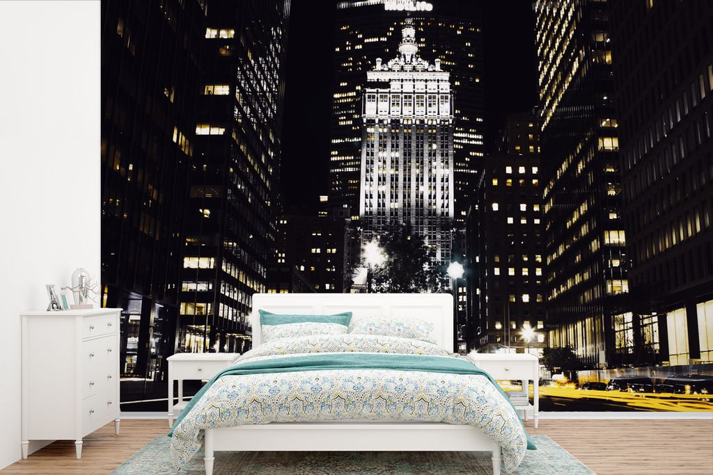 MuchoWow Fototapete für Wohnzimmer oder Schlafzimmer Wandtapete Vinyl Motivtapete New York - Nacht - Beleuchtung - 525x350 cm - Das Hintergrundbild