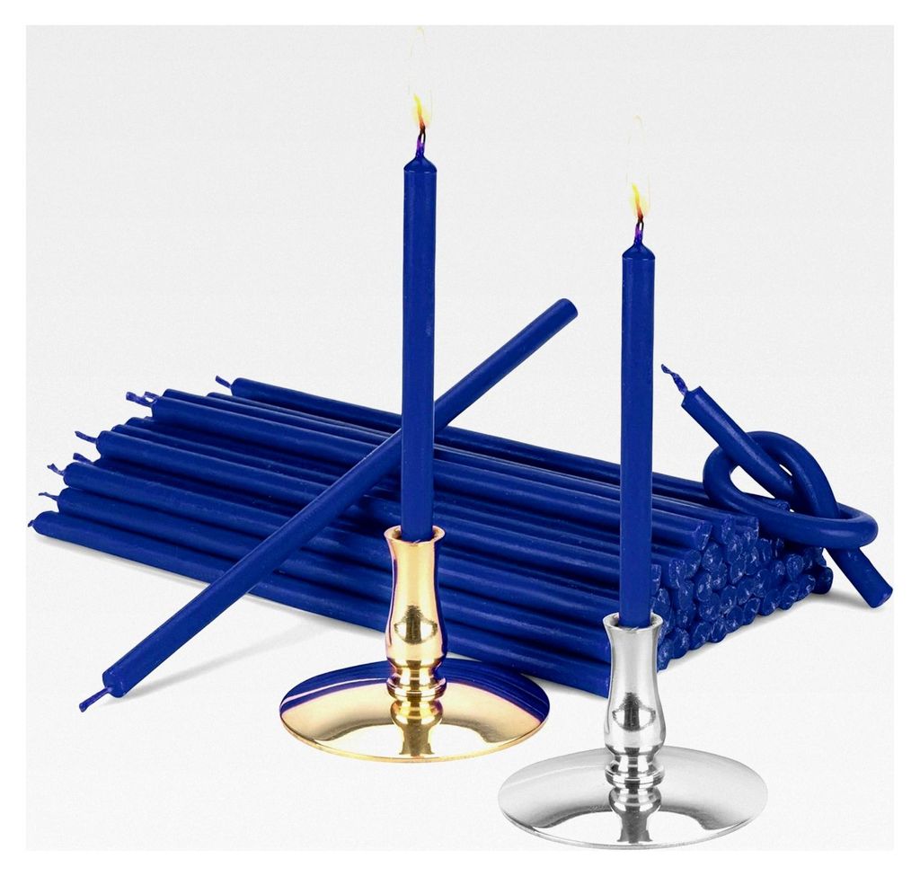 Set aus 2 Kerzenhaltern mit Stabkerzen blau, tropffrei, L 16cm, Paraffinwachs