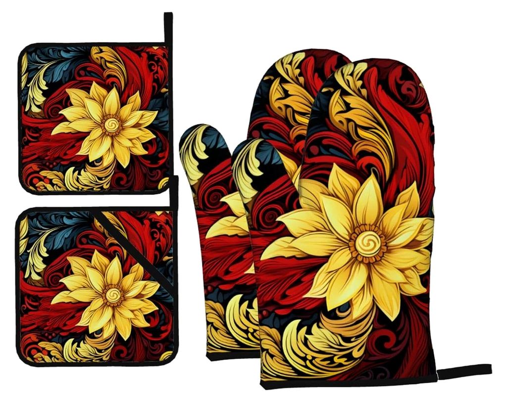 Ofenhandschuhe und Topflappen mit detailliertem Blumenmuster, hitzebeständige und rutschfeste Ofenhandschuhe sowie heiße Pads, wasserdichte Kochh...