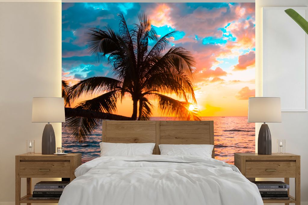 MuchoWow Fototapete für Wohnzimmer oder Schlafzimmer Wandtapete Vinyl Motivtapete Palme - Sonnenuntergang - Horizont - Strand - Meer - Tropisch ...