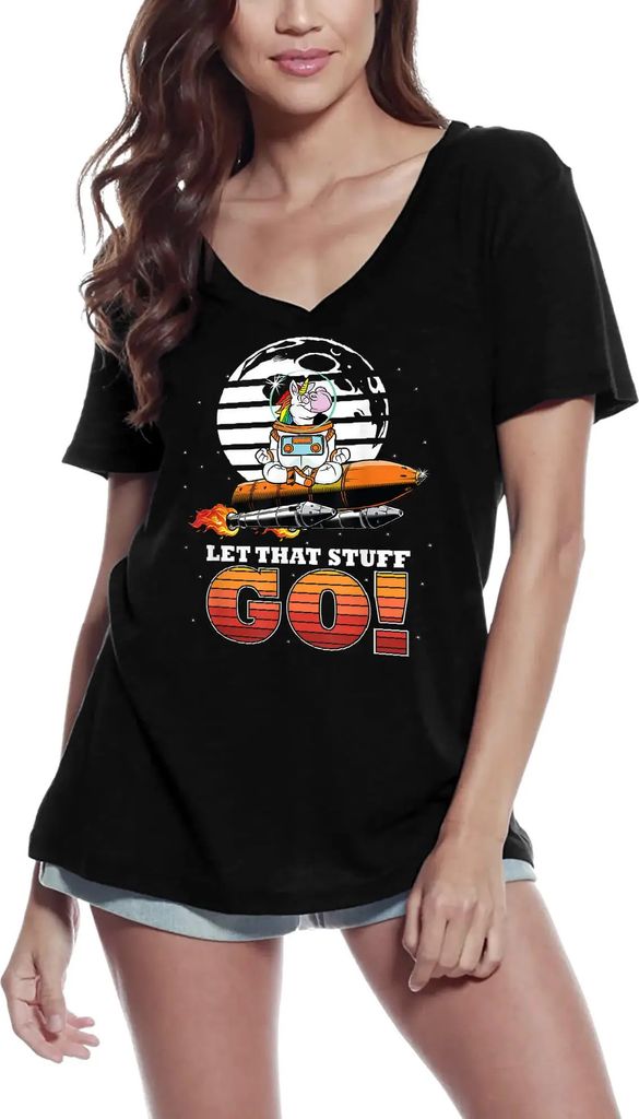 Damen Grafik T-Shirt V-Ausschnitt Lass das Zeug los Einhorn spirituelle Meditation – Let That Stuff Go Unicorn Spiritual Meditation