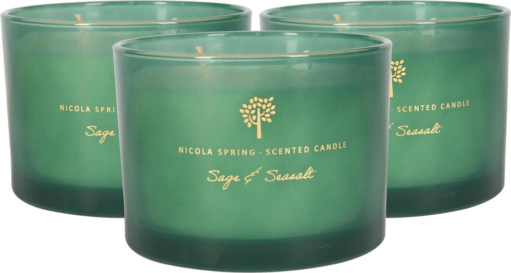 Nicola Spring Soja Wachs duftende Kerzen - Glas Aromatherapie Geschenk fÃ1/4r sie - 38 Stunden Burn Time - 350g - Sage & Seasalt - Pack von 3