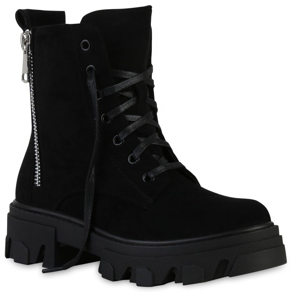 VAN HILL Damen Stiefeletten Plateau Boots Zipper Blockabsatz Schnürer 835653, Farbe: Schwarz Velours, Größe: 36