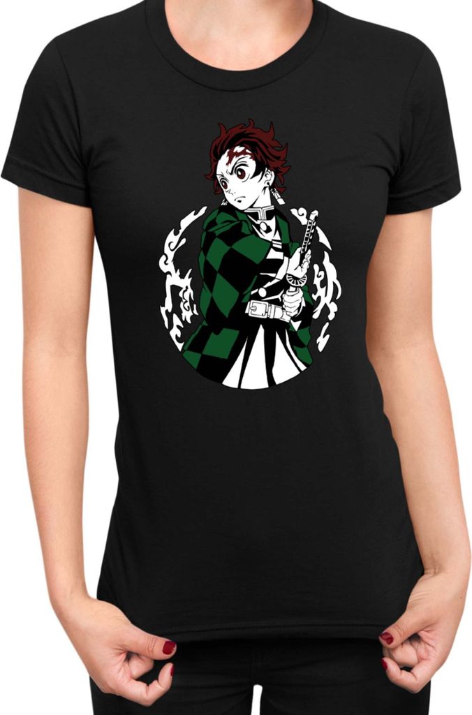 Damen T-Shirt Demon Anime Slayer Kimetsu No Yaiba Tanjiro Kamado 013, Lady XL / Schwarz
