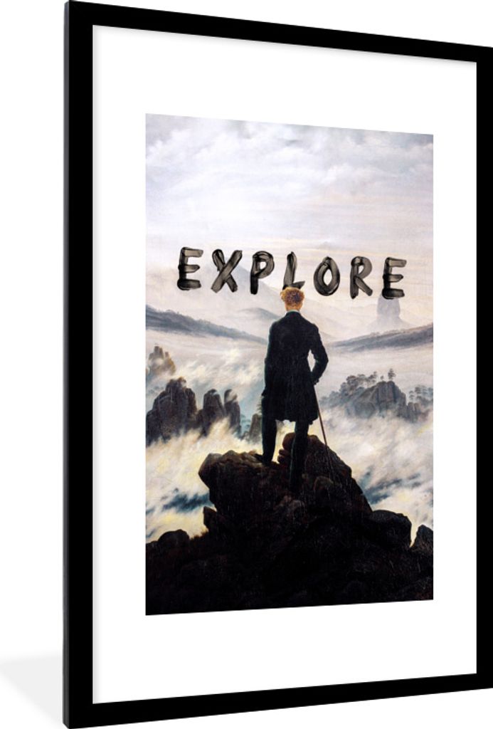 MuchoWow MuchoWow Gerahmtes Poster Der Wanderer über den Nebeln - Caspar David Friedrich - Explore 60x90 cm - Poster mit zchwarzem Bilderrahme...
