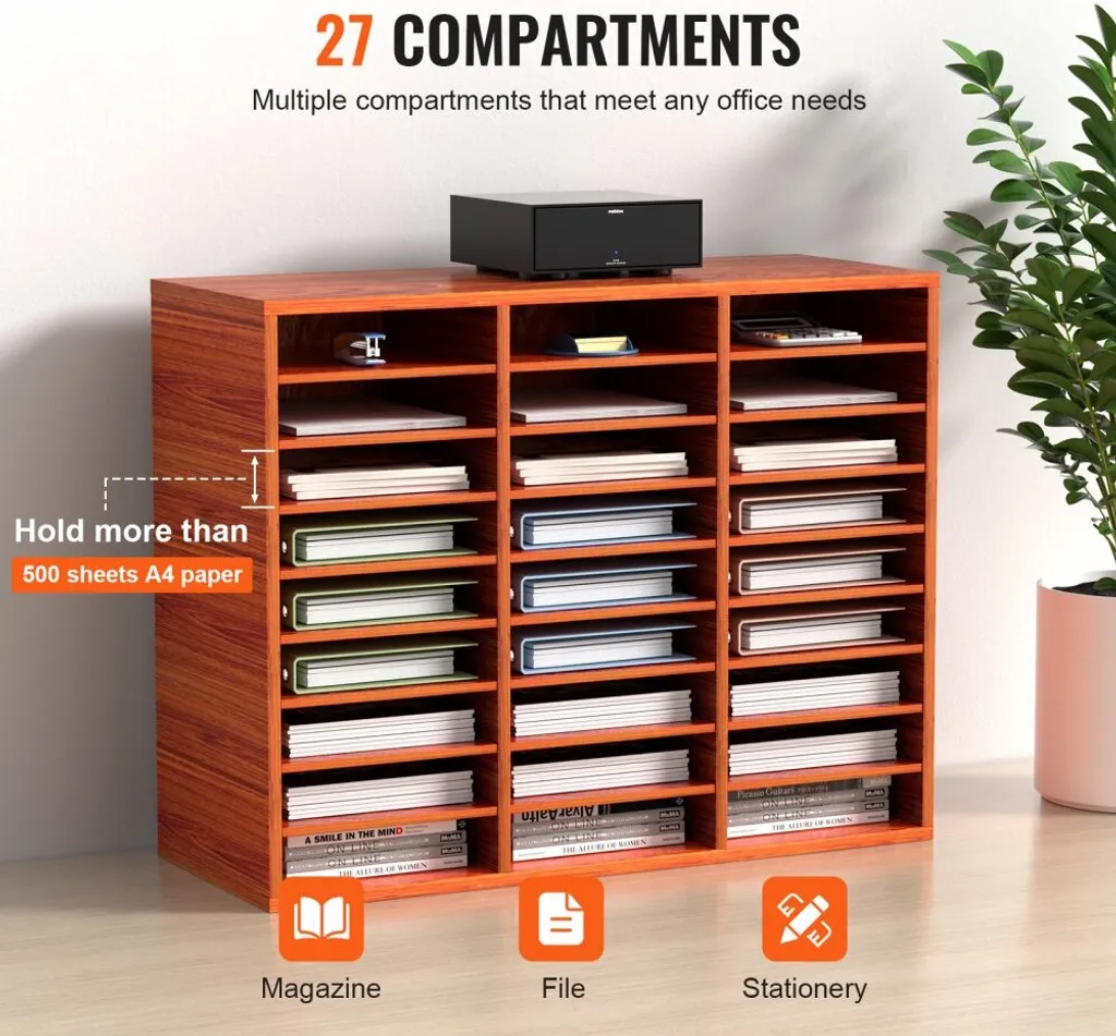 Porte-documents à 27 compartiments en bois brun pour tri de courrier