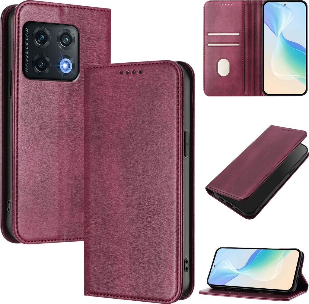 Handyhülle für OnePlus 10 Pro, Vintage Leder RFID Schutz Kartenfach Standfunktion Magnetische Klapphülle Rot