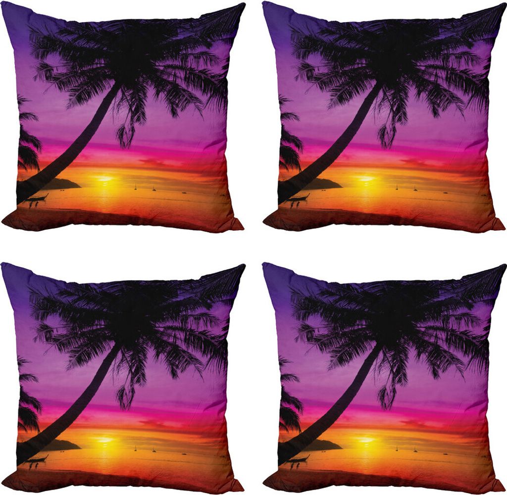 ABAKUHAUS Tropisch Kissenbezug Set (4 Stück), Palmen Schatten bei Sonnenuntergang, Moderner Doppelseitiger Digitaldruck, 50 cm x 50 cm, Lila Orang...