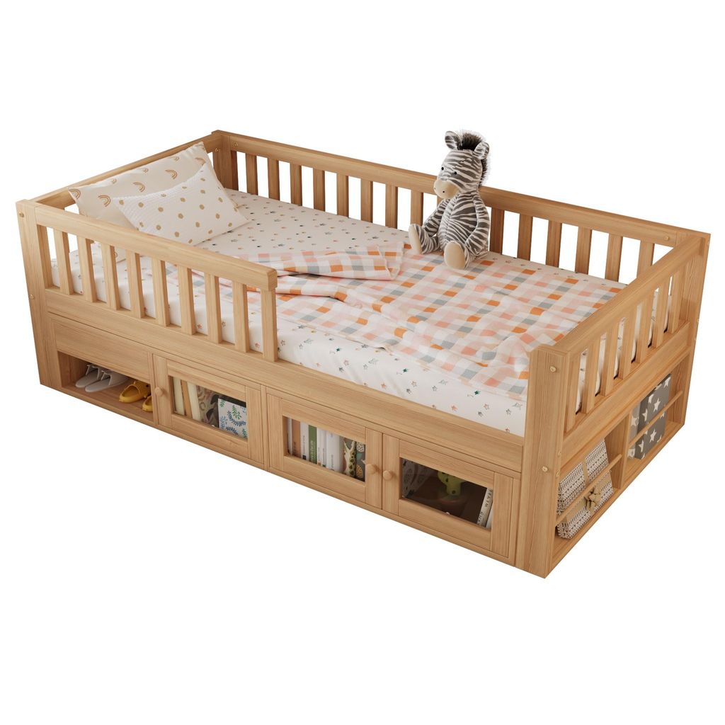 Kinderbett mit Schublade 90x200cm – Bodenbett aus Holz mit Rausfallschutz