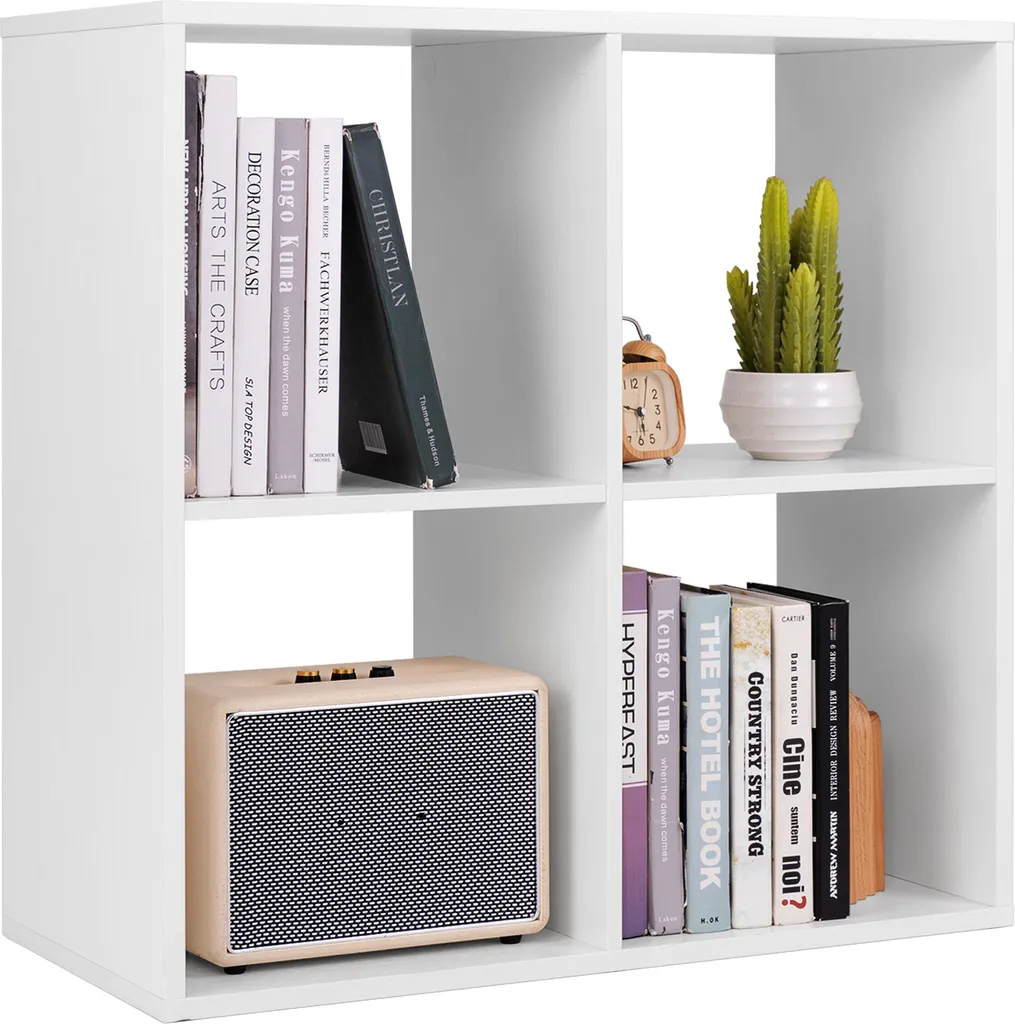 Bibliothèque blanche moderne 4 cases étagère sur pied stable et robuste
