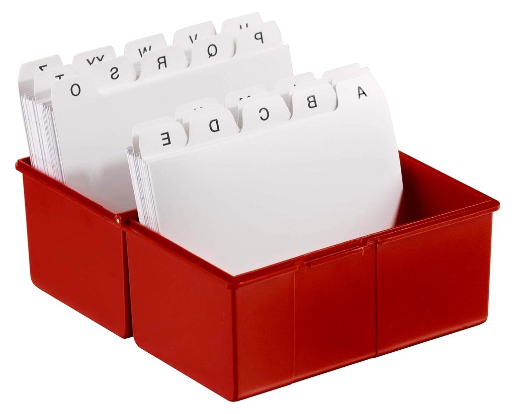 Karteikartenbox DIN A6 für 400 Karteikarten im Querformat aus Kunststoff mit Deckel und Stahlscharnier für Schule und Büro (Rot + Register A-Z)