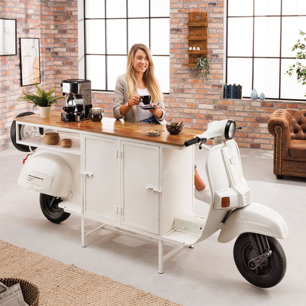 Barschrank SCOOTER 244cm weiß Retro-Konsole Motorroller mit Mangoholz Upcycling