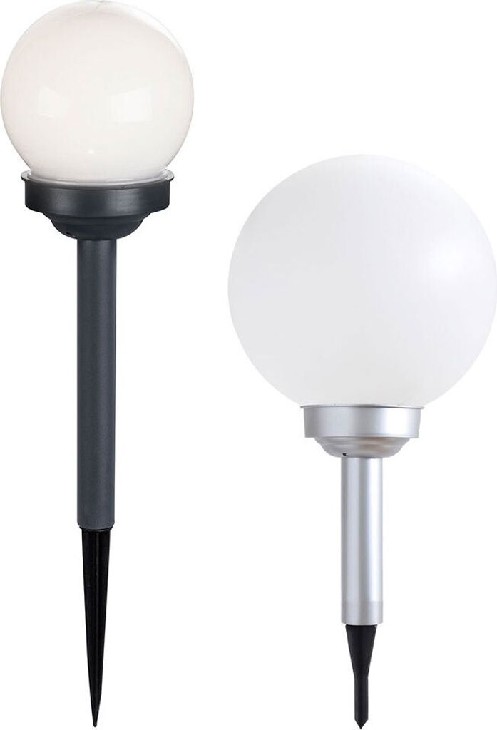 2er Set LED Solarleuchten, Kugel weiß, Erdspieß, D 10/15 cm