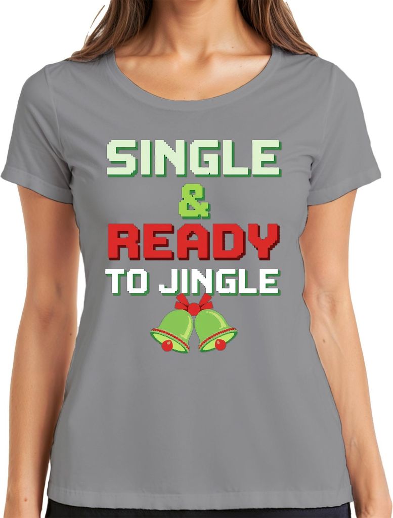 SINGLE & READY TO JINGLE Weihnachten Lustig Retro Pixel Party Damen T-Shirt, Grau, XXL