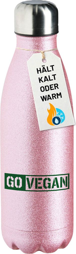 Huuraa Trinkflasche Go Vegan Modern 500ml Pink Edelstahl Wasserflasche Trinkflasche Geschenkidee