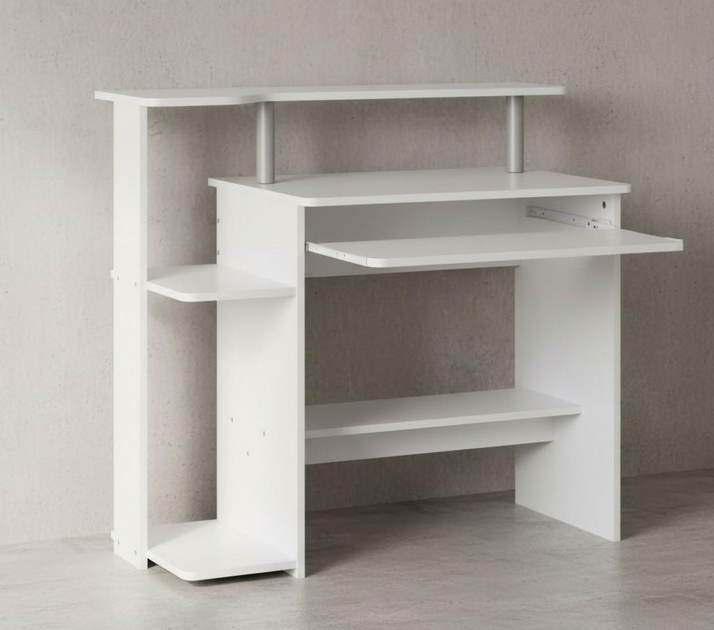 Computertisch: Zeitloses Design, Stauraum, Tastaturauszug, Spanplatte, Weiß. 94x48x90 cm | Kadima Design