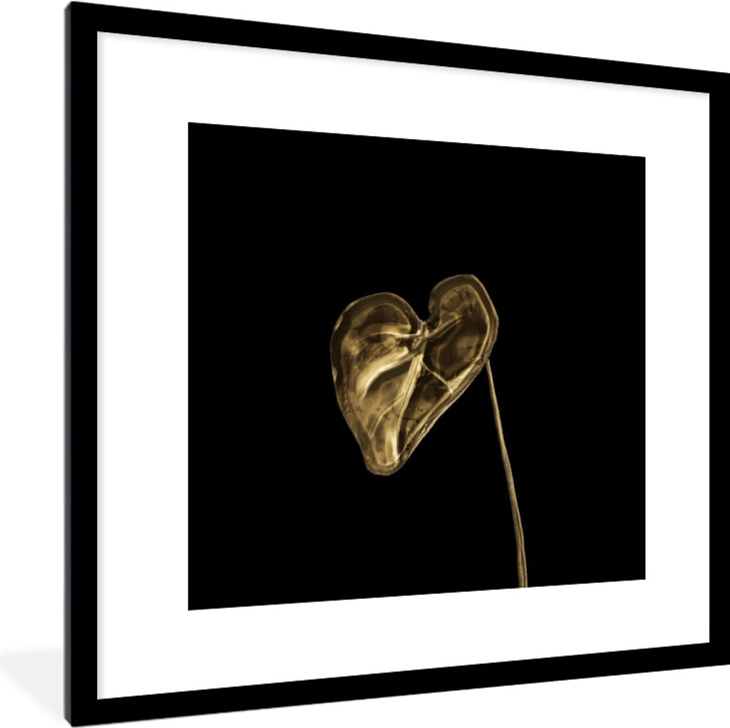 MuchoWow MuchoWow Gerahmtes Poster Herz - Blatt - Gold 40x40 cm - Poster mit zchwarzem Bilderrahmen - Poster - Plakat im Rahmen