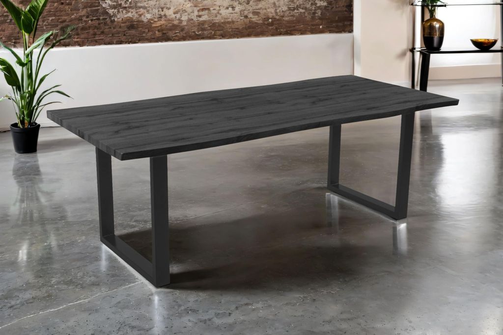 Esstisch Josy | 220 x 100 cm | Holz-Optik in Grau | U-Gestell Metall schwarz | 40 mm Tischplatte mit Baumkante | Tisch für Esszimmer & Küche