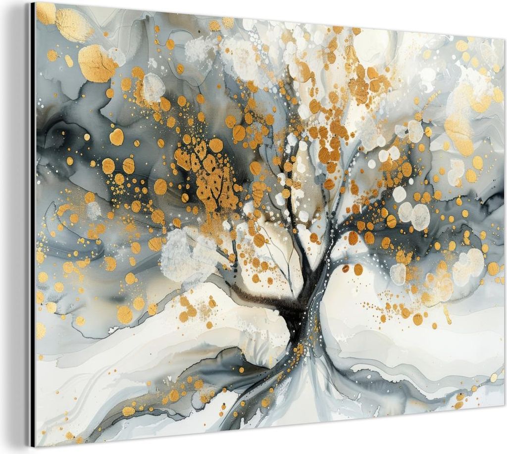 MuchoWow Wanddekoration Metall Metallbild Wandkunst 120x80 cm Baum - Modern - Abstrakt - Gold - Schwarz - Weiß MuchoWow Aluminium Gemälde - Alu Bild