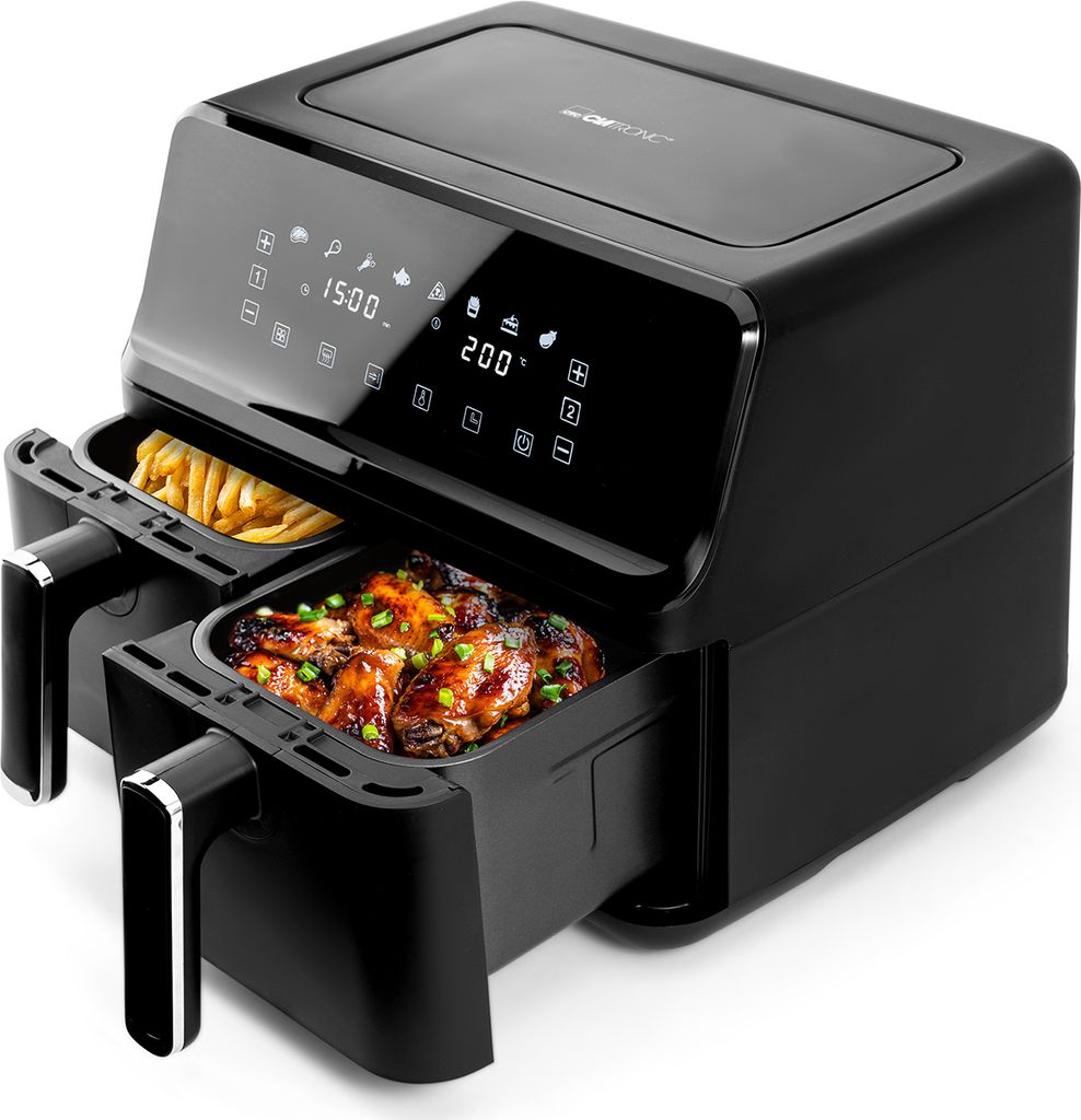 A black dual-basket air fryer with food in both baskets, displayed on a white background.
