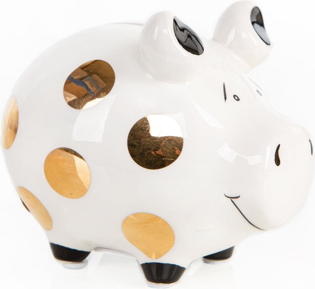 Sparschwein edel Gold weiß schwarz mit Punkten 12,5 cm