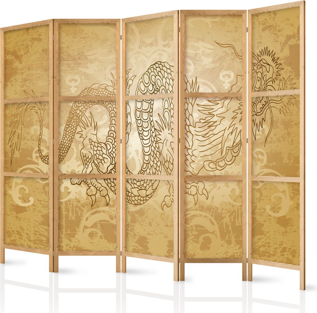 Paravent XXL Drache 225x171 cm 5-teilig einseitig eleganter Sichtschutz Raumteiler Trennwand Raumtrenner Holz Design Motiv Deko Home Office Japan p...