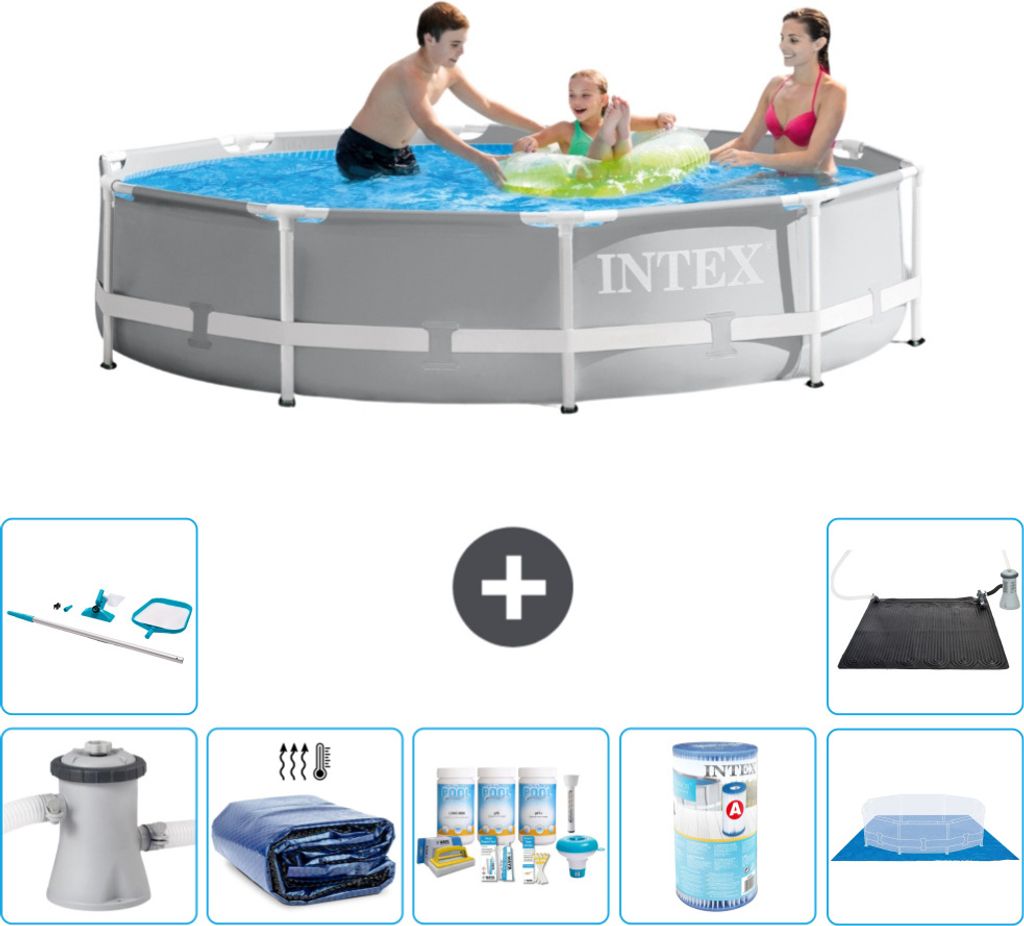 Intex Round Prism Frame Swimming Pool – 305 x 76 cm – Grau – inklusive Pumpe Sonnensegel - Wartungspaket - Filter - Bodenplane - Reinigungski...