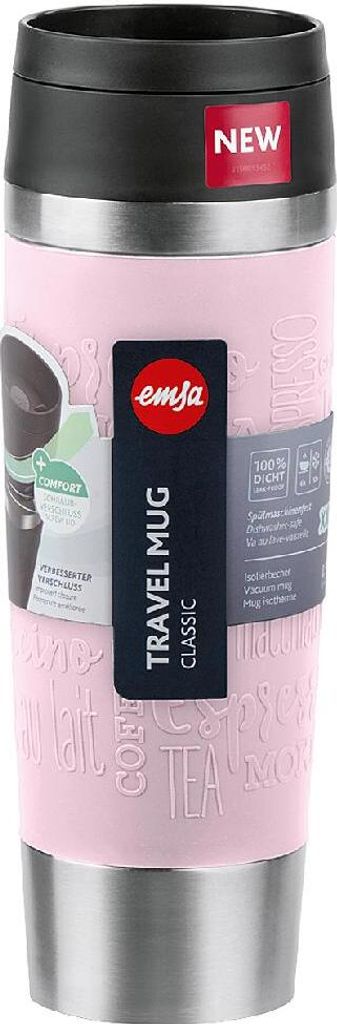 A pink travel mug with a black lid and silver base, featuring a textured surface with embossed words like 'coffee' and 'tea'. It has a label with the brand 'emsa' and product details.