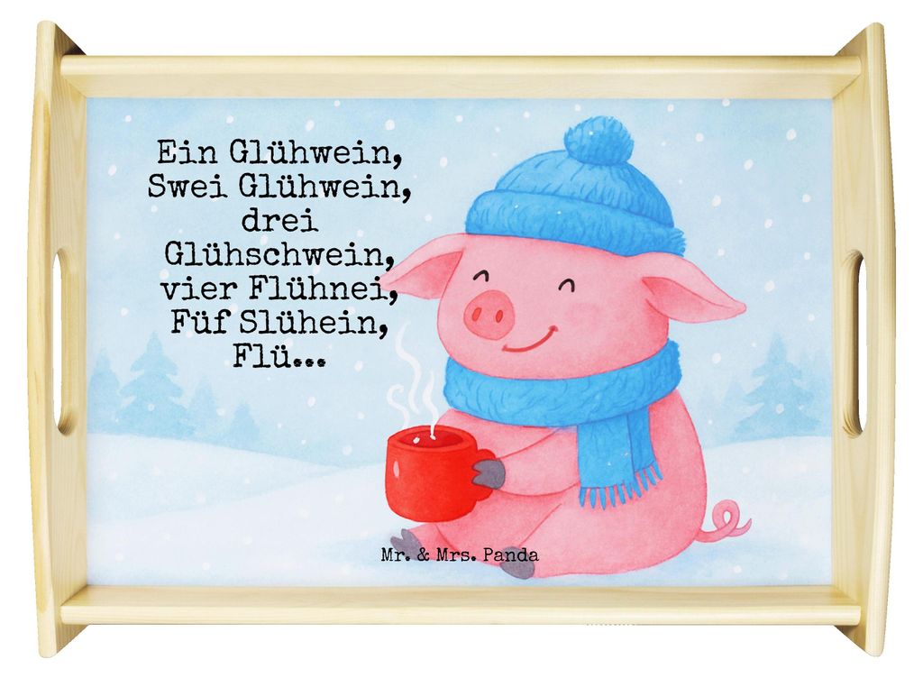 Mr. & Mrs. Panda Serviertablett Schweinchen Glühwein Design - Weiß - Geschenk, Wintermotiv, Deko Tablett, Weihnachtsmarkt, Servierplatte Holz, be...