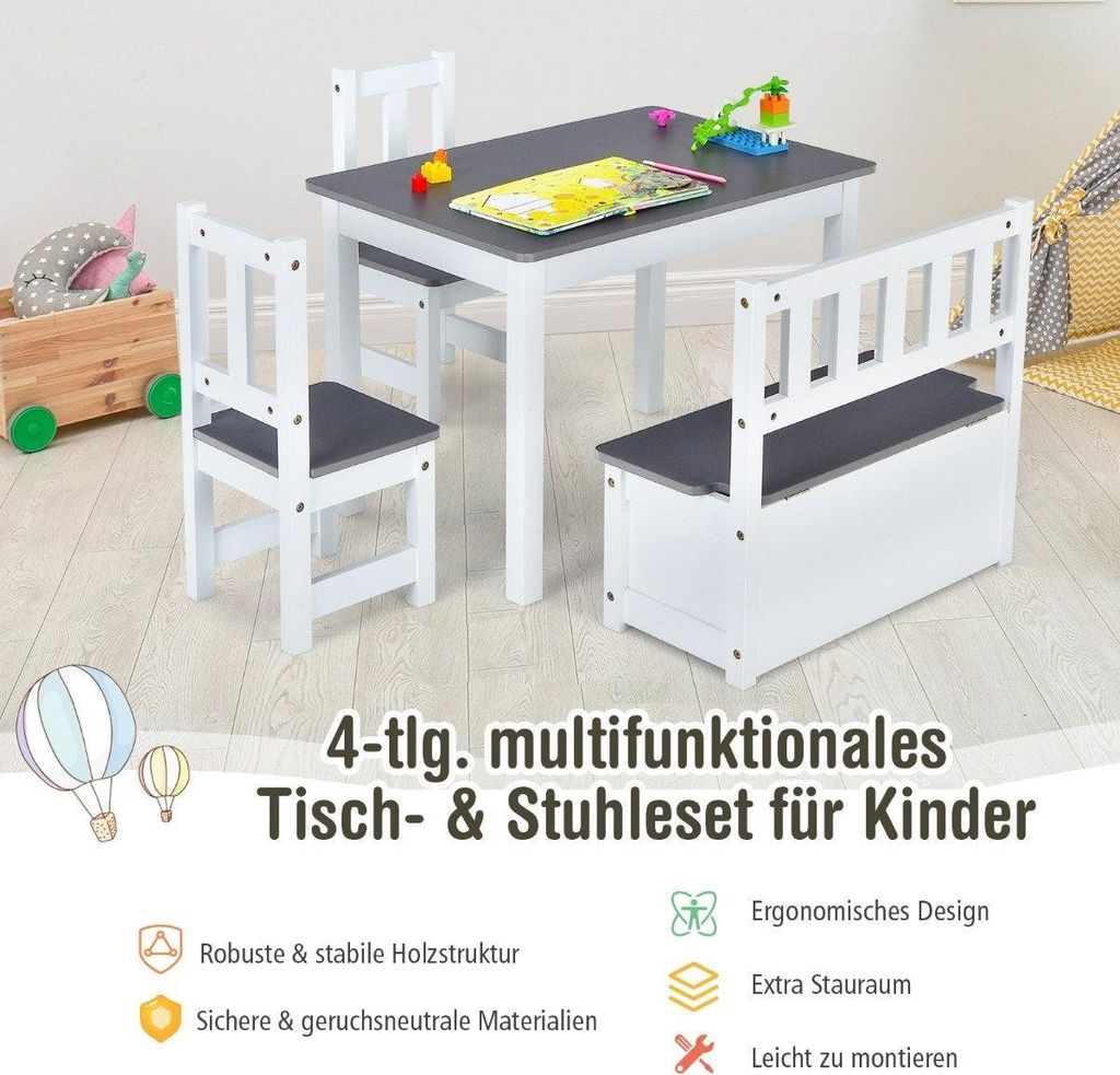 4 teiliges Kindersitzgruppe Holz Sitzgruppe Kinder Kindertischgruppe Grau + Weiß
