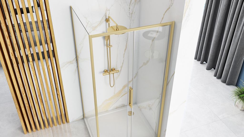 A modern bathroom with a gold-framed shower enclosure and marble-patterned walls.
