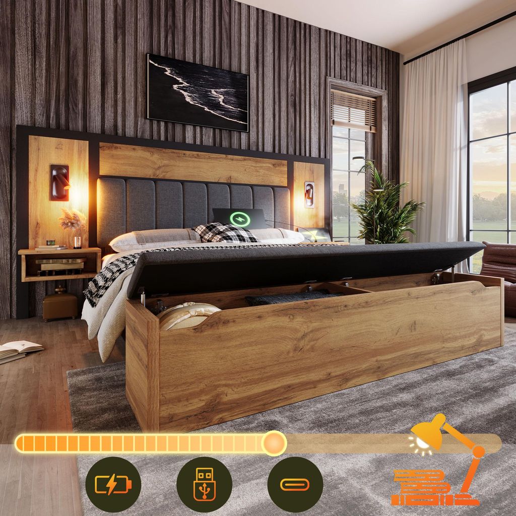 Doppelbett Polsterbett 180×200, Bettanlage mit Leselampe Produktbild 