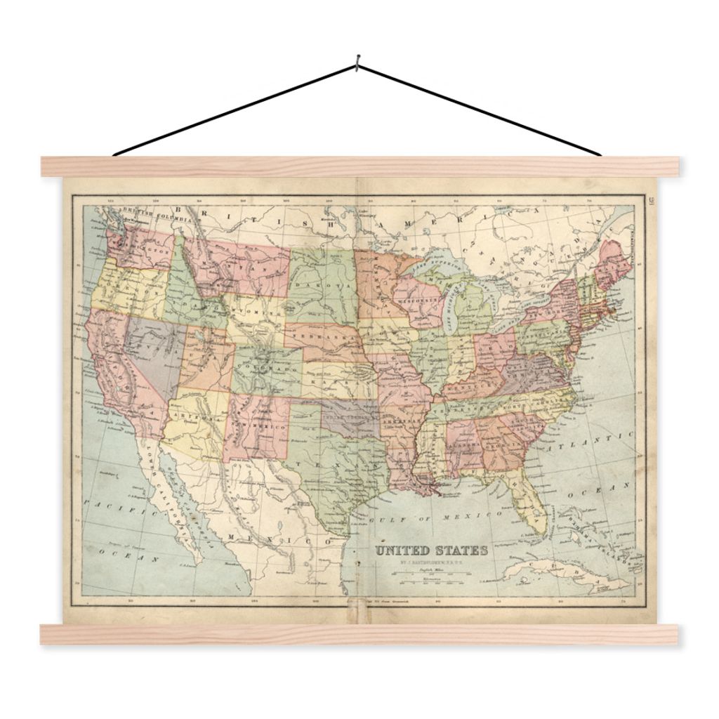 MuchoWow Textilposter Karte von Amerika Gravur 120x90 cm mit holzfarbenen Rahmen - Magnetisch