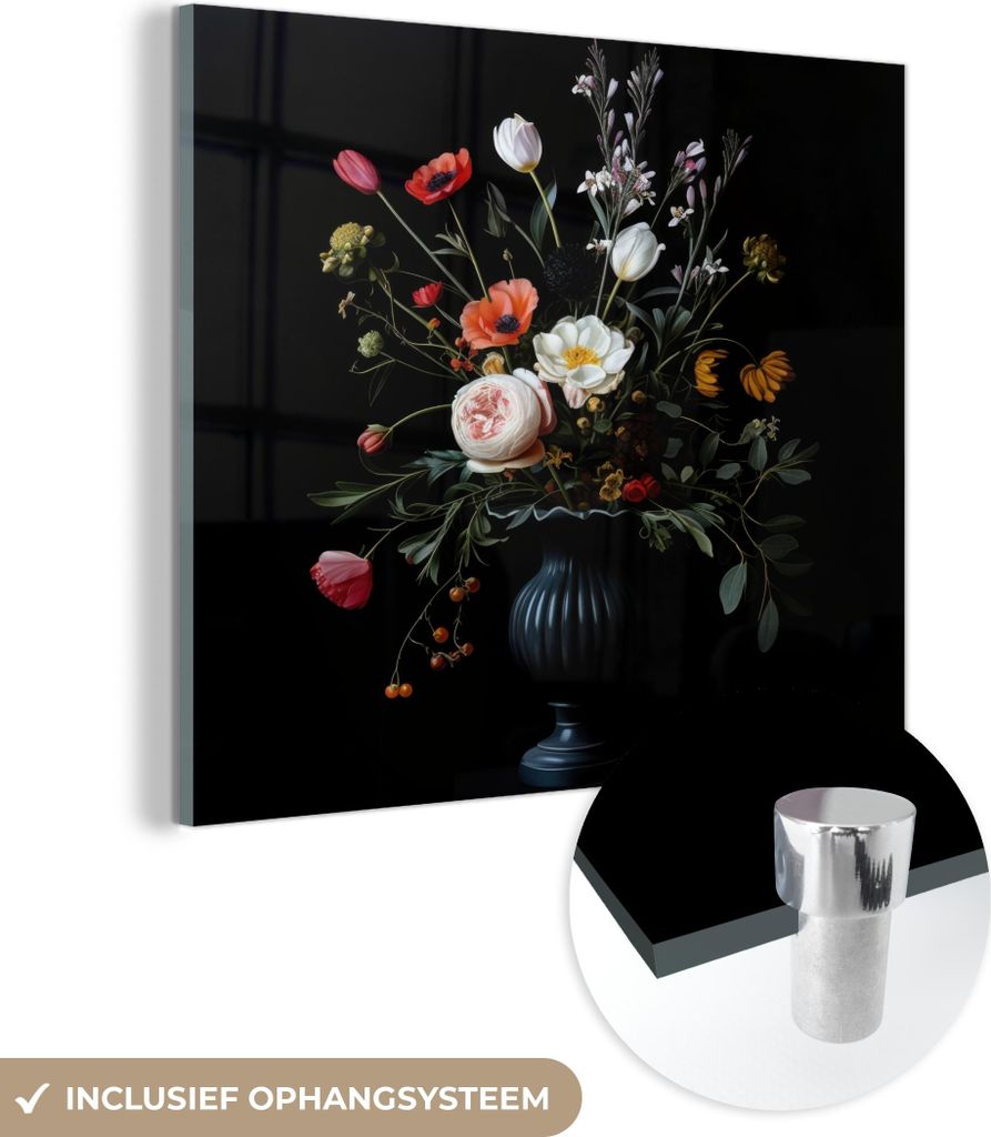 MuchoWow Glasbilder - Bilder auf Wandbild - Foto auf Glas Blumenarrangement - Vase - Schwarz 40x40 cm Wanddekoration aus Glas - Acrylglasbild - Acr...