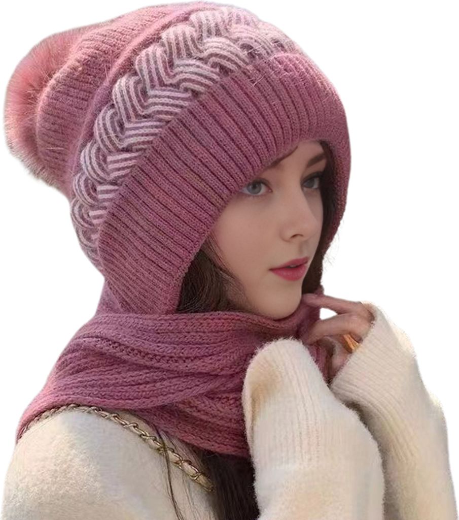 Damen-Wintermütze mit Schal, dick, warm, Plüsch, winddicht, Fahrrad-Kopfbedeckung, Kontrastfarbe, elastisch, vollständig schützend, für Outdoo...
