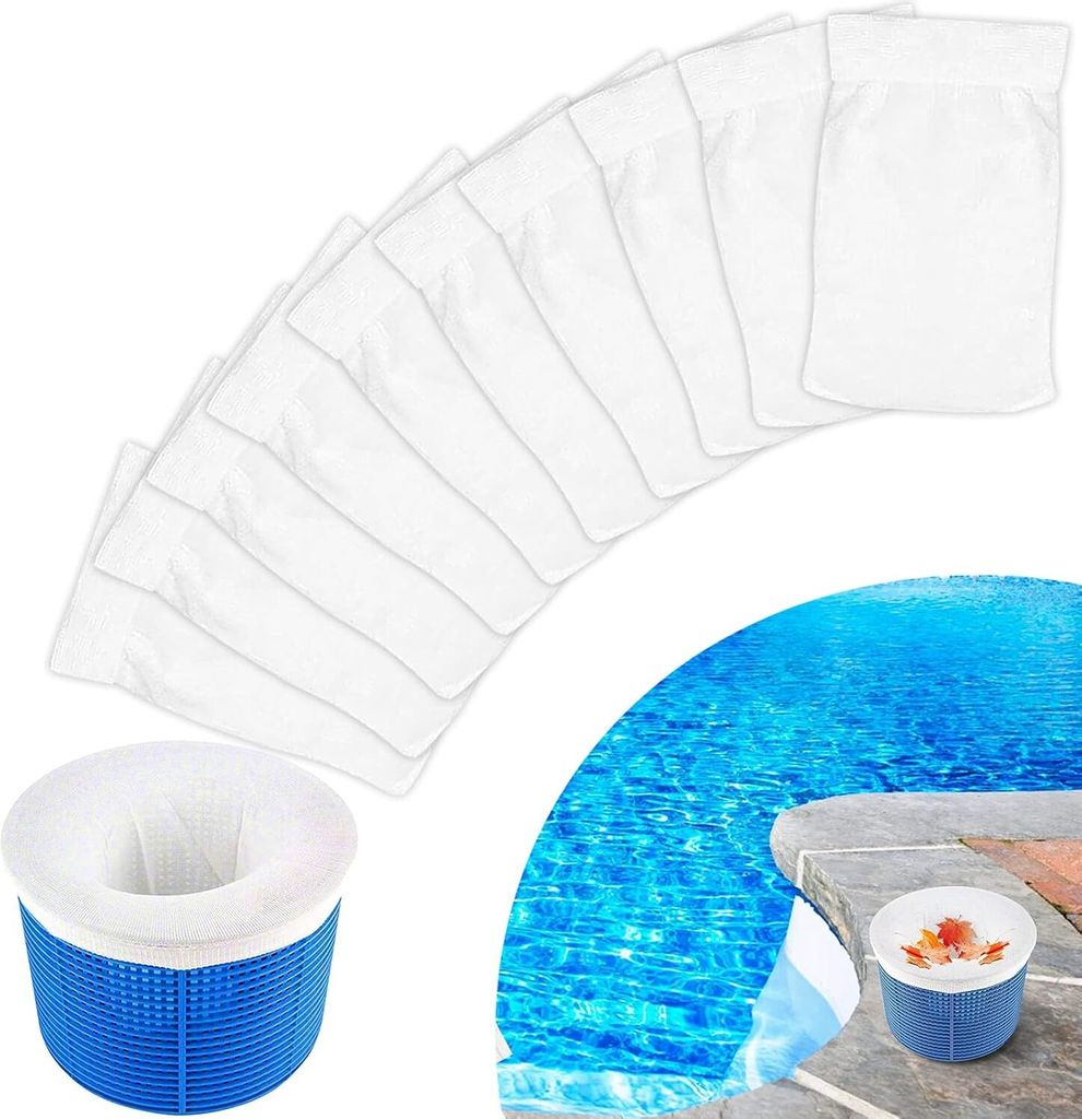 A collection of white pool skimmer socks fanned out, with a close-up of a blue skimmer basket with a sock inside, and a view of a swimming pool.